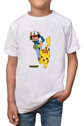 Erkek Beyaz Pikachu Desenli Unisex T-shirt pikachu-cocuk-5