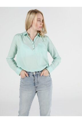 Basic V Yaka Cepli Regular Fit Kadın Yeşil Uzun Kol Gömlek .CL1050540_Q1.V1_MGR