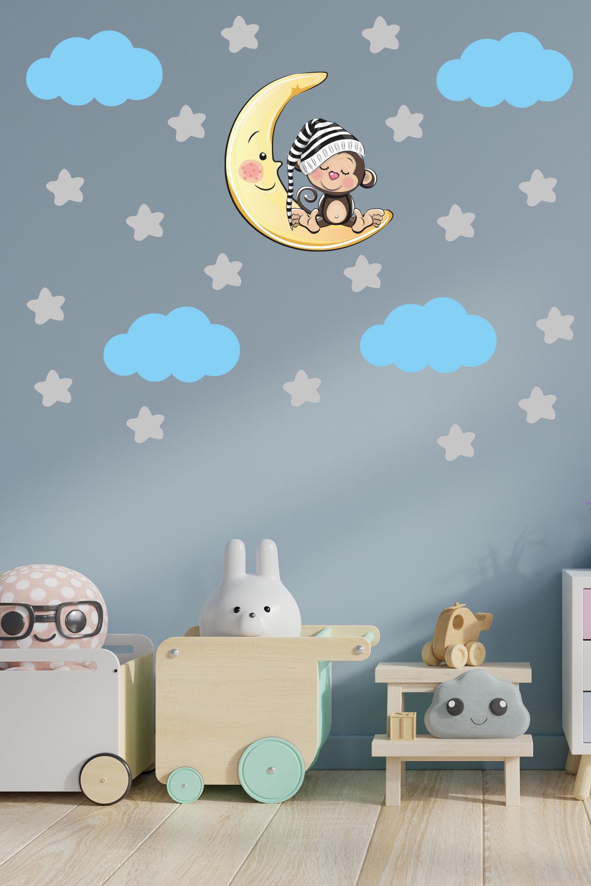 Sleeping Monkey , Gray Stars and Blue Clouds Decorative Baby Kids Room Wall Sticker