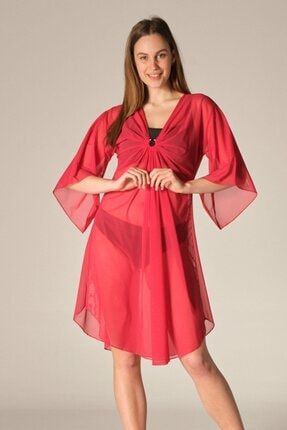 Kadın Kırmızı Klipsli Tül Pareo Plaj Elbisesi TP-16