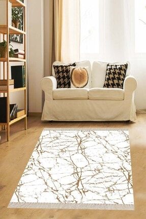 Beyaz Zemin Gold Çizgili Mermer Desenli Dijital Baskı Yıkanabilir Modern Salon Halı MEG610