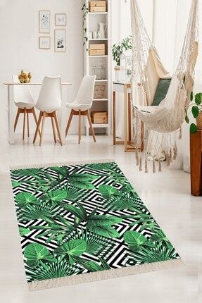 Yeşil Yaprak Desenli Dijital Yıkanabilir Tropikal Desenli Modern Salon Halısı 80 x 200 cm MEG157