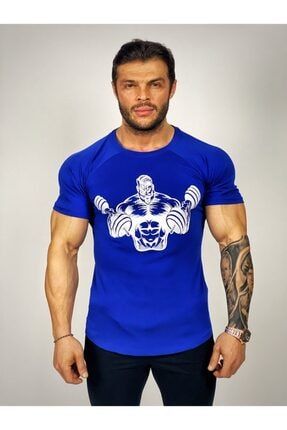 Erkek Mavi Çift Dumbell Fitness T-shirt BLCK145325