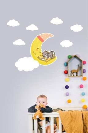 Çocuk Bebek Odası Ay Dede Ve Bulutlar Duvar Sticker Seti aysticker-1