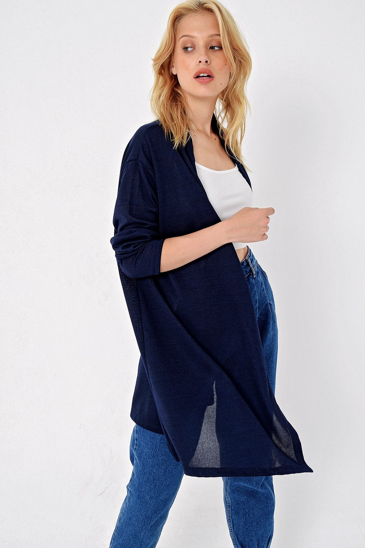 Trend Alaçatı Stili-Cardigan Viscon cu guler șal bleumarin pentru femei ALC-X4864 4