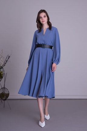 Kadın Mavi Kemerli Uzun Kollu Midi Elbise M9KMEA0461XLO