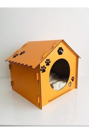 Ahşap Kedi Evi - Dekoratif Kedi Yuvası - Minderli Kedi Yatağı KE0003