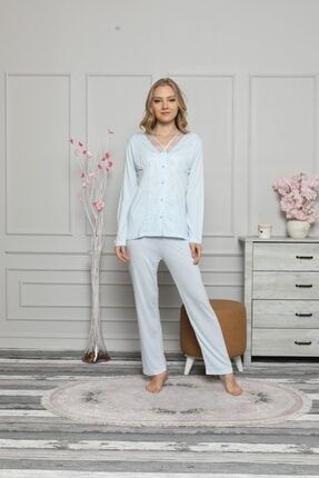 Kadın Mavi Alimer Mavi Dantel Uzun Kol Yakasız Önden Düğme Pijama Takımı 2465