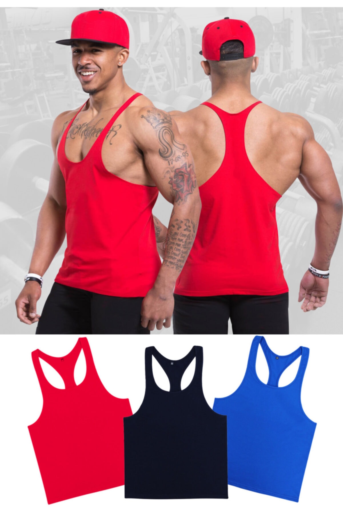 Ghedto Gym Fitness Tank Top Sporcu Atleti 3lü Set Kırmızı Siyah Sax Mavi