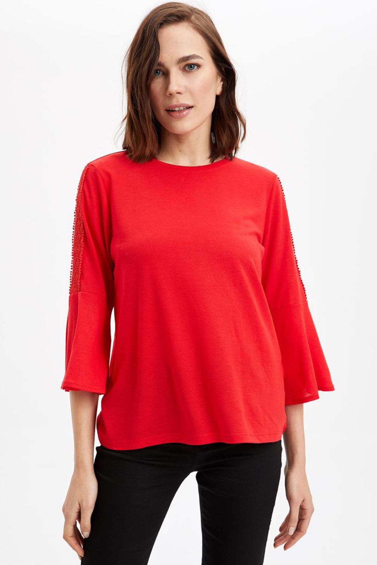Kadın Kırmızı Volan Ve Dantel Detaylı Bluz I4507AZ20SP