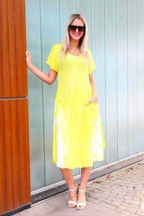 Kadın Sarı Yarım Kollu Cepli Batik Elbise yıl-1476