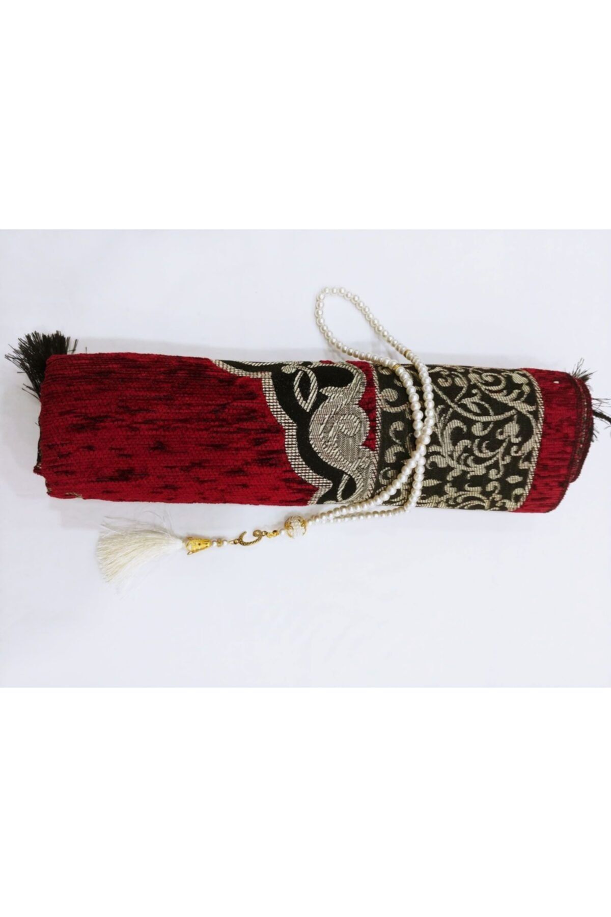 İSTANBUL HAC-Red Ottoman Chenille Luxury Prayer Rug + Rosary 3