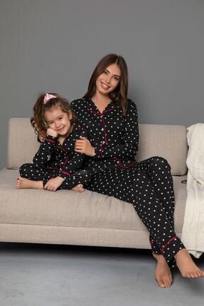 Siyah-Beyaz Pamuklu Likrali Biyeli Düğmeli Pijama Takım 20258017