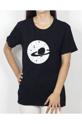 Unisex Siyah Yaratıcı Tasarım Satürn Baskılı T-Shirt GEZEGENU2020