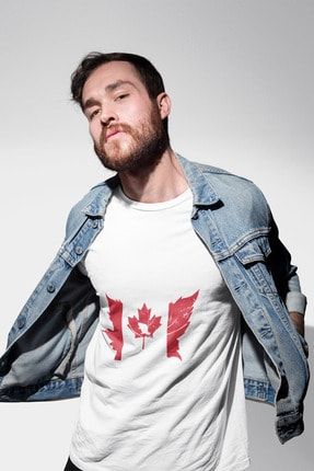Erkek Beyaz Kanada Bayrak Baskılı Standart T-shirt T6152616 6152616E