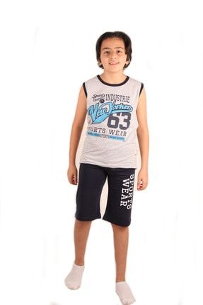 Erkek Çocuk Gri Baskılı Askılı T-shirt ve Şort Takım 5015