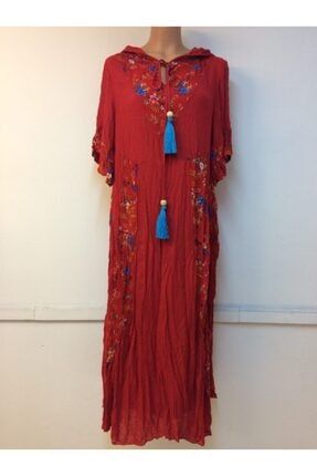Kadın Kırmızı Otantik Vual Pamuk Kapüşonlu Kısa Kol Cepli Çiçekli Maxi Elbise SK2021-2030