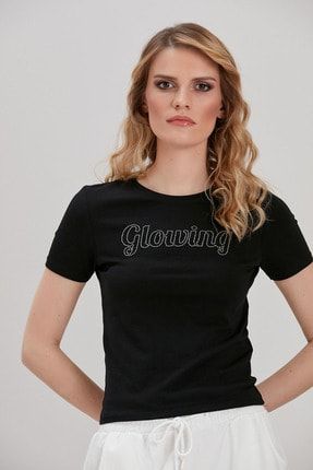 Kadın Siyah Taş İşlemeli T-Shirt YL-TS99792