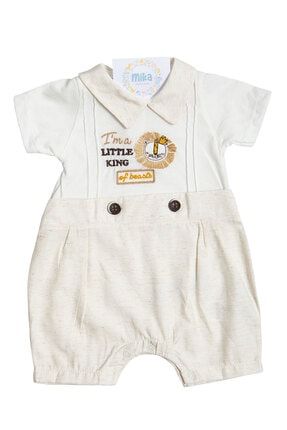 Aslan Nakışlı Gömlek Yaka Salopet Görünümlü Erkek Bebek Yazlık Bej Tulum MB-00631