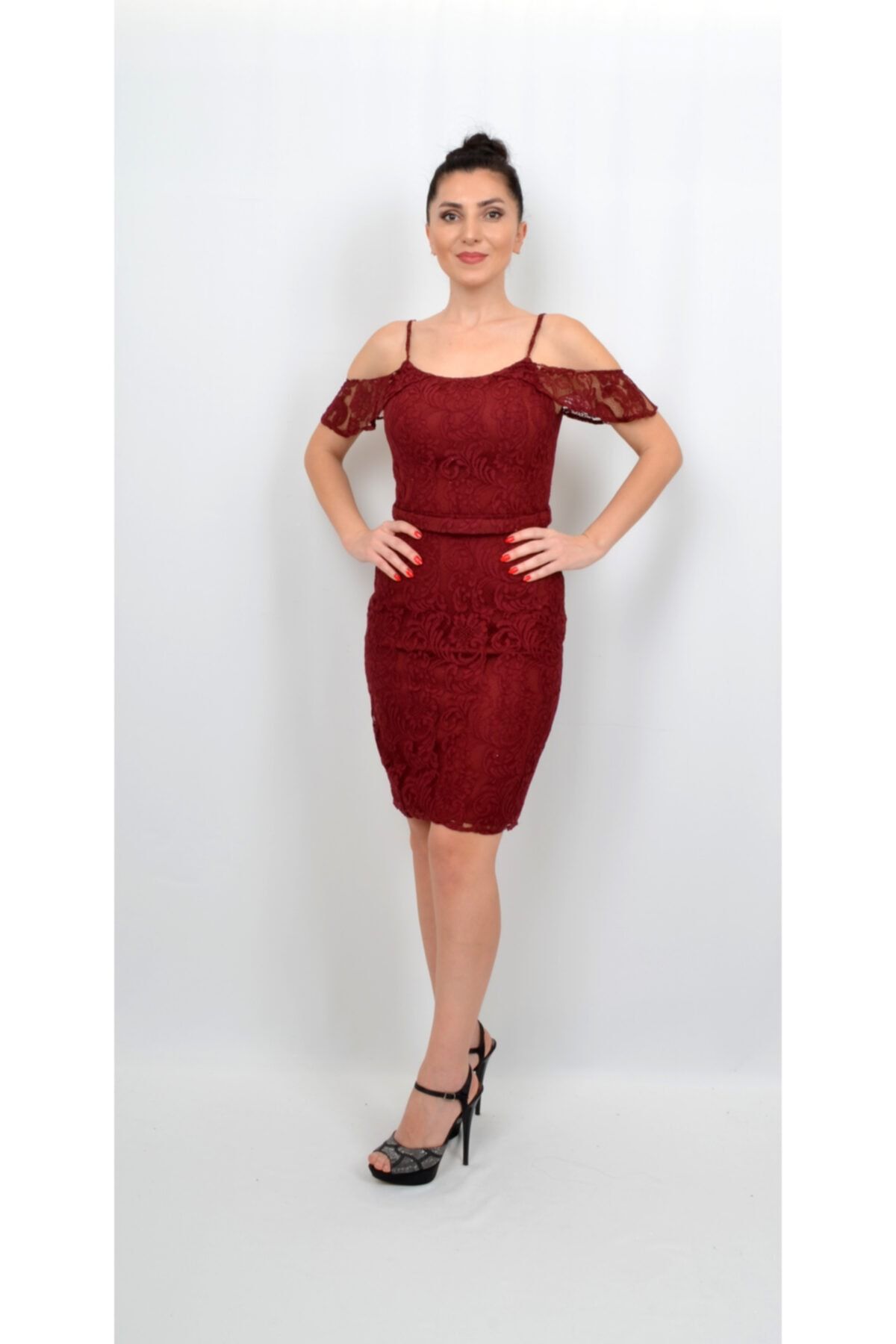 ALIS DRESS Женское короткое кружевное вечернее платье бордового цвета с рукавами Aller AL-0617