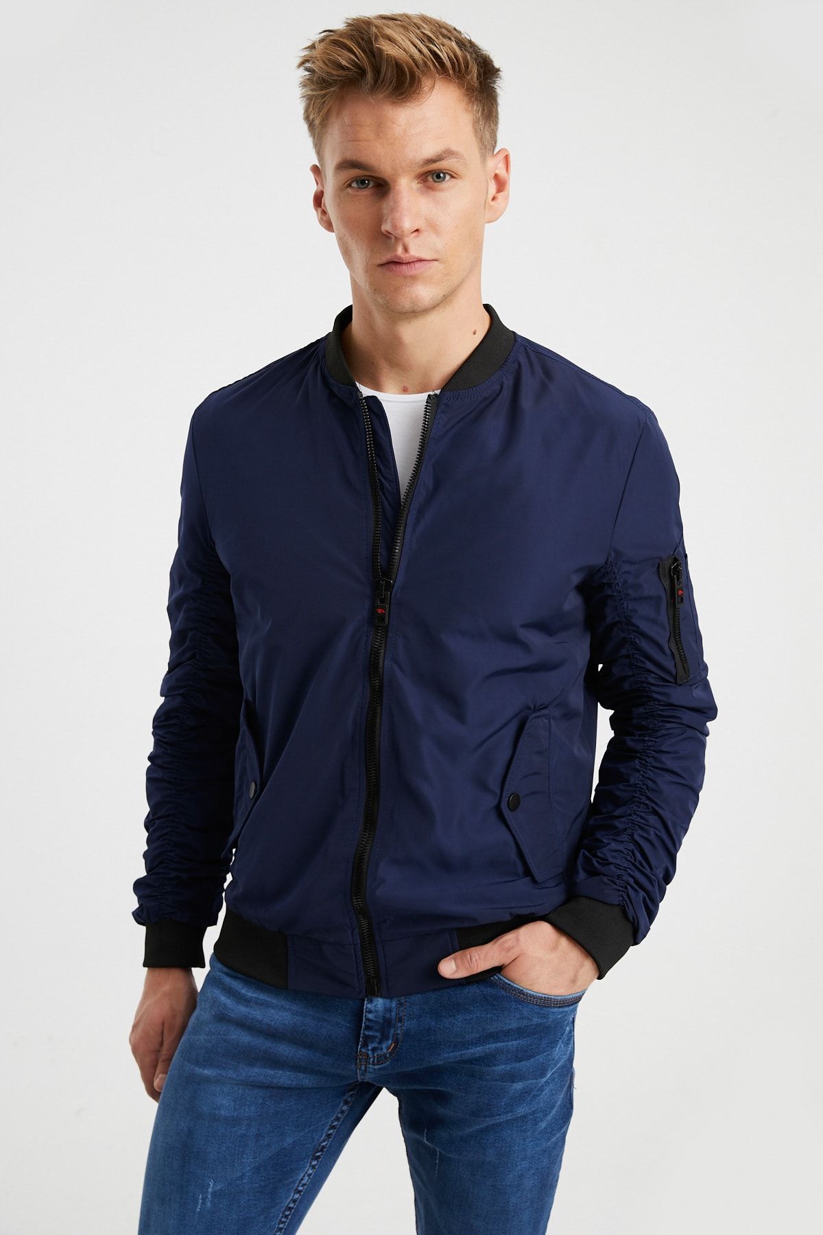 Dark navy bomber best sale jacket