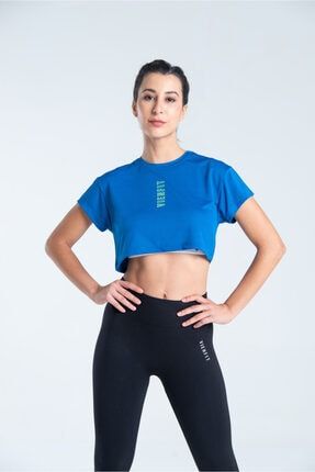 Kadın Kısa Baskılı Spor Tshirt - Graphic Crop Top Mavi VF203