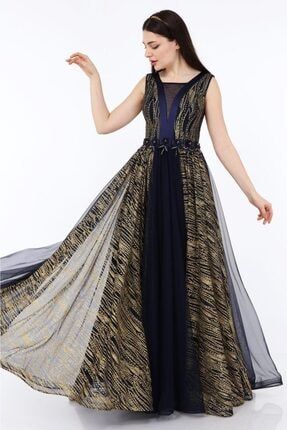 Kadın Lacivert Renkli Beli Dantelli Uzun Kolsuz Abiye Elbise TYC00161432845
