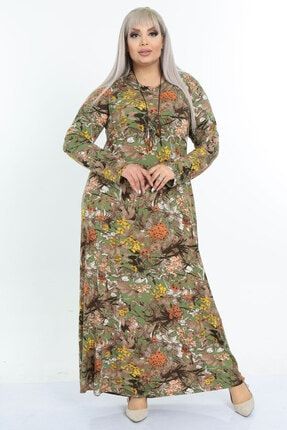 Kadın Haki Pastel Çiçek Desen Büyük Beden Elbise 2110156
