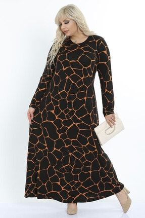 Kadın Siyah Turuncu Cam Kırığı Desen Büyük Beden Elbise 2110156
