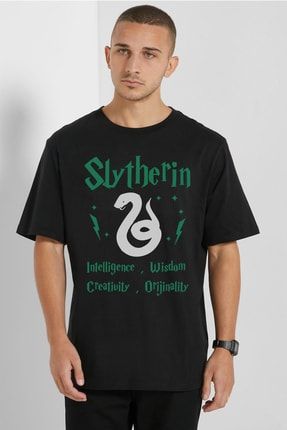 Harry Potter Slytherin Baskılı Erkek Siyah T-shirt LMS-853