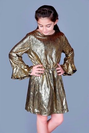 Kız Çocuk Kol Ucu Volanlı Elbise 11651-