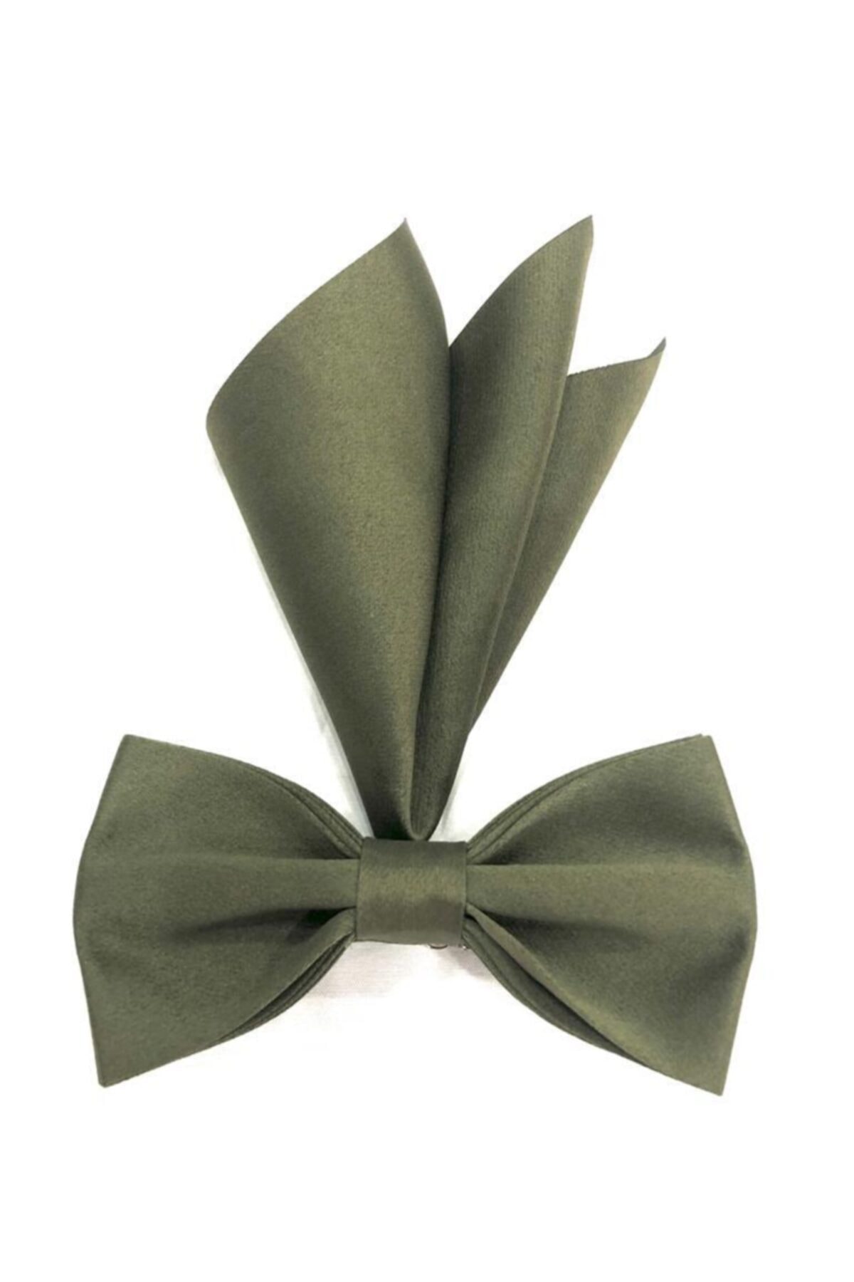 CRWAT ® Haki Yeşil / Mat Saten Dokuma Kumaş Papyon - Mendilli