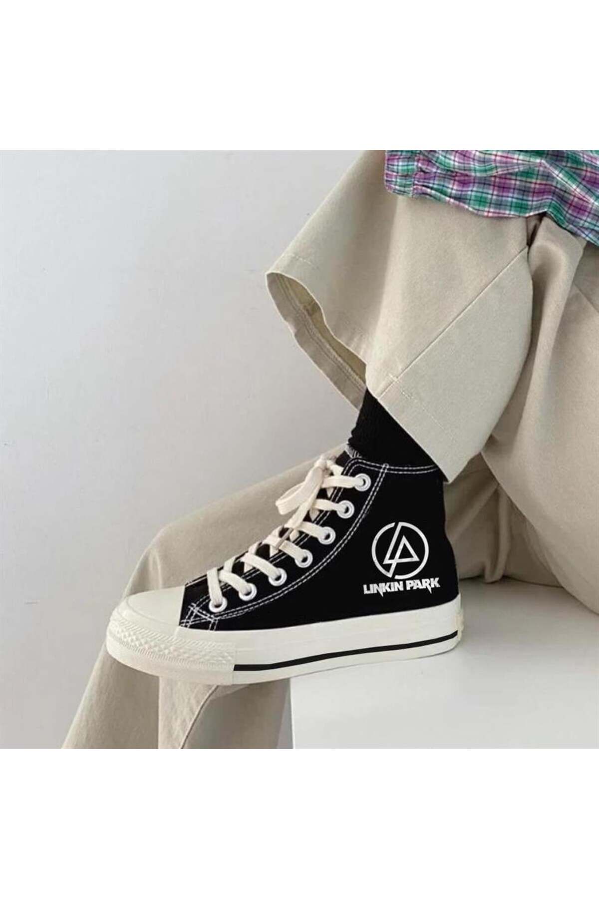 Toum-OnlyMoon Rock Series - Linkin Park Patterned Black Canvas Shoes 1