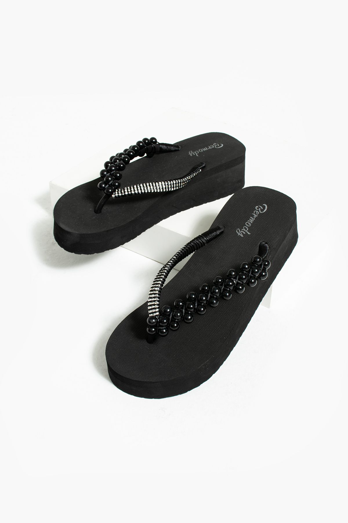 Black beaded flip flops sale