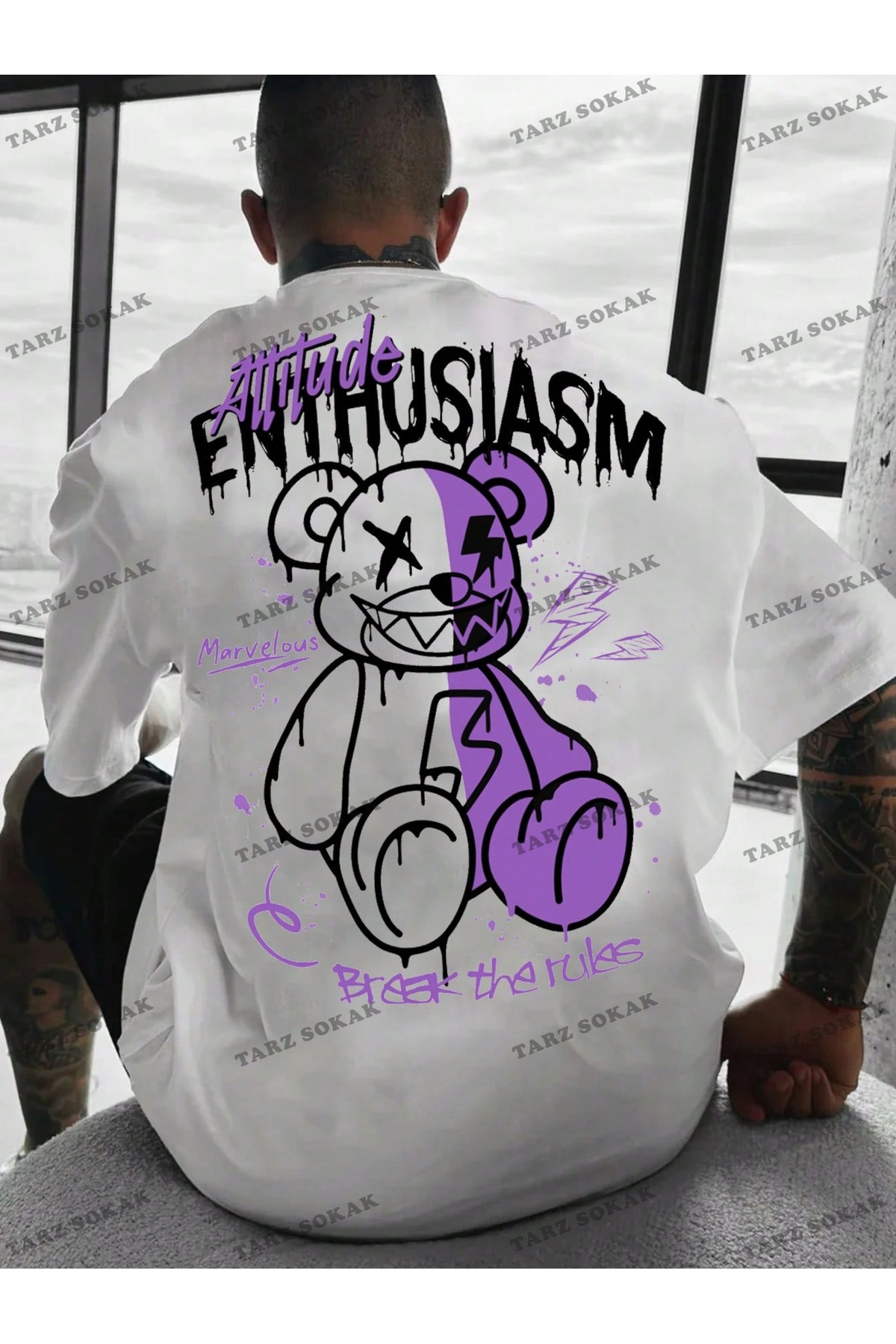 KOD Trend EMRG Erkek Bol Kesim Kısa Kollu Karikatür Ayı ve Harf Baskılı Tişört