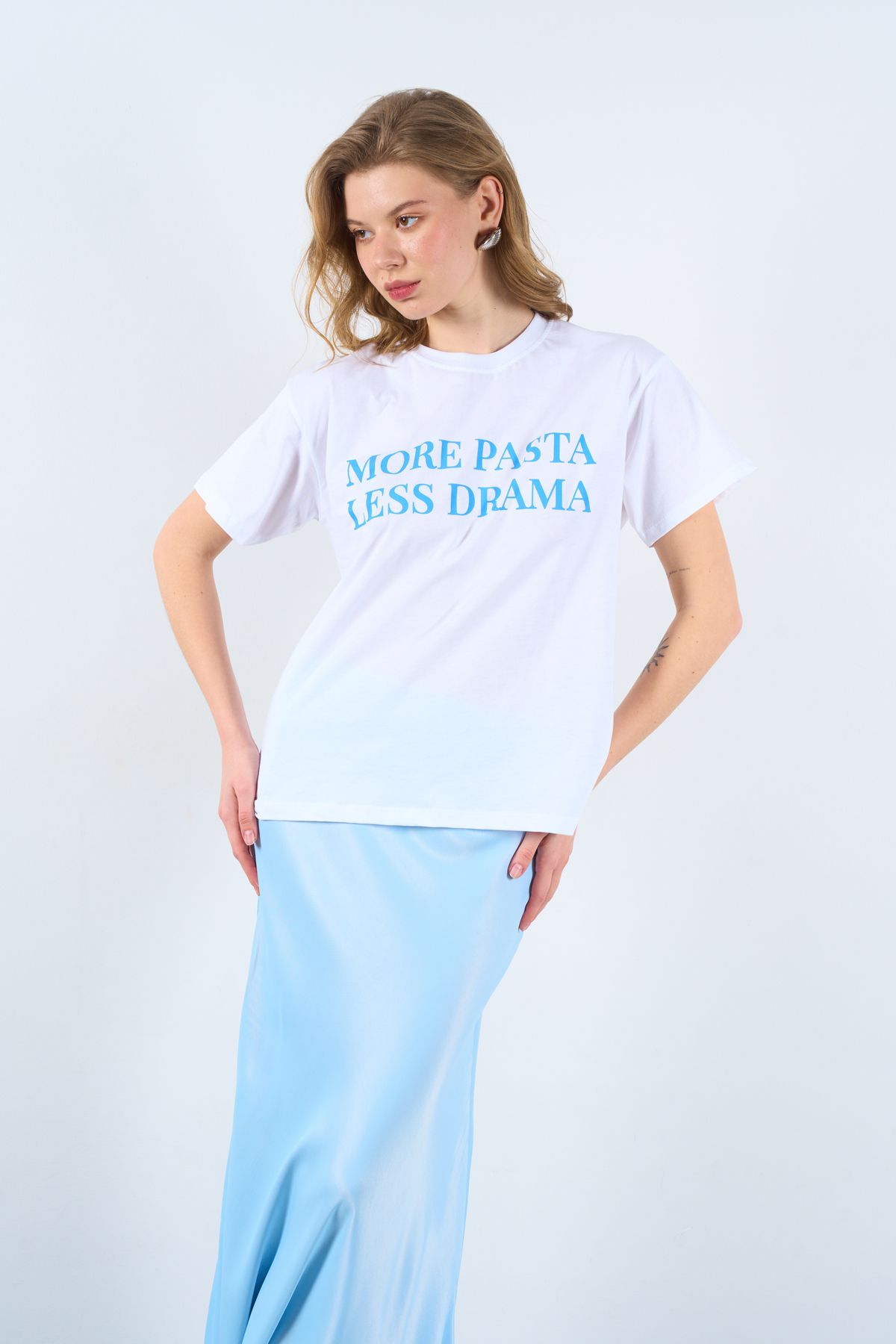 LOOSH-Crew Neck Blue More Pasta Less Drama Written T-shirt 2