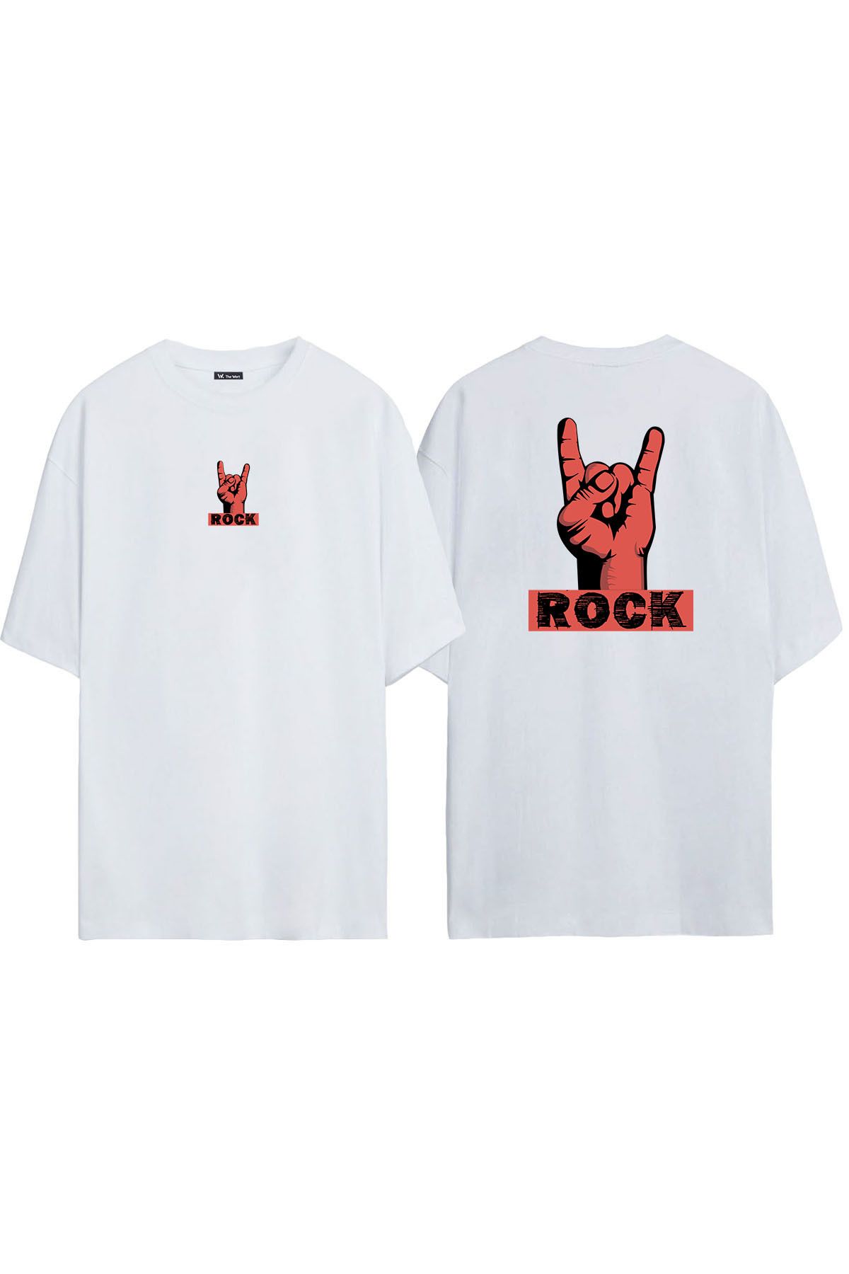 THEWERT Tricou Oversize Alb Cu Imprimeu Unisex Rock Hand Gesture Ilustrație Față Spate Unisex - L