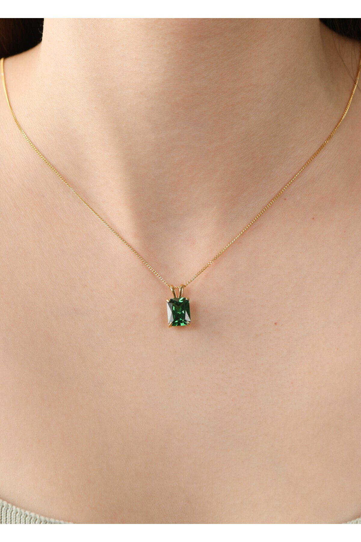 LİNOVE JEWELLERY Zümrüt Gümüş Kolye 925 Ayar Gümüş Doğum Taş Kolye, Baget Emerald Taşlı Kolye, May Baget Gümüş Kolye görsel 2