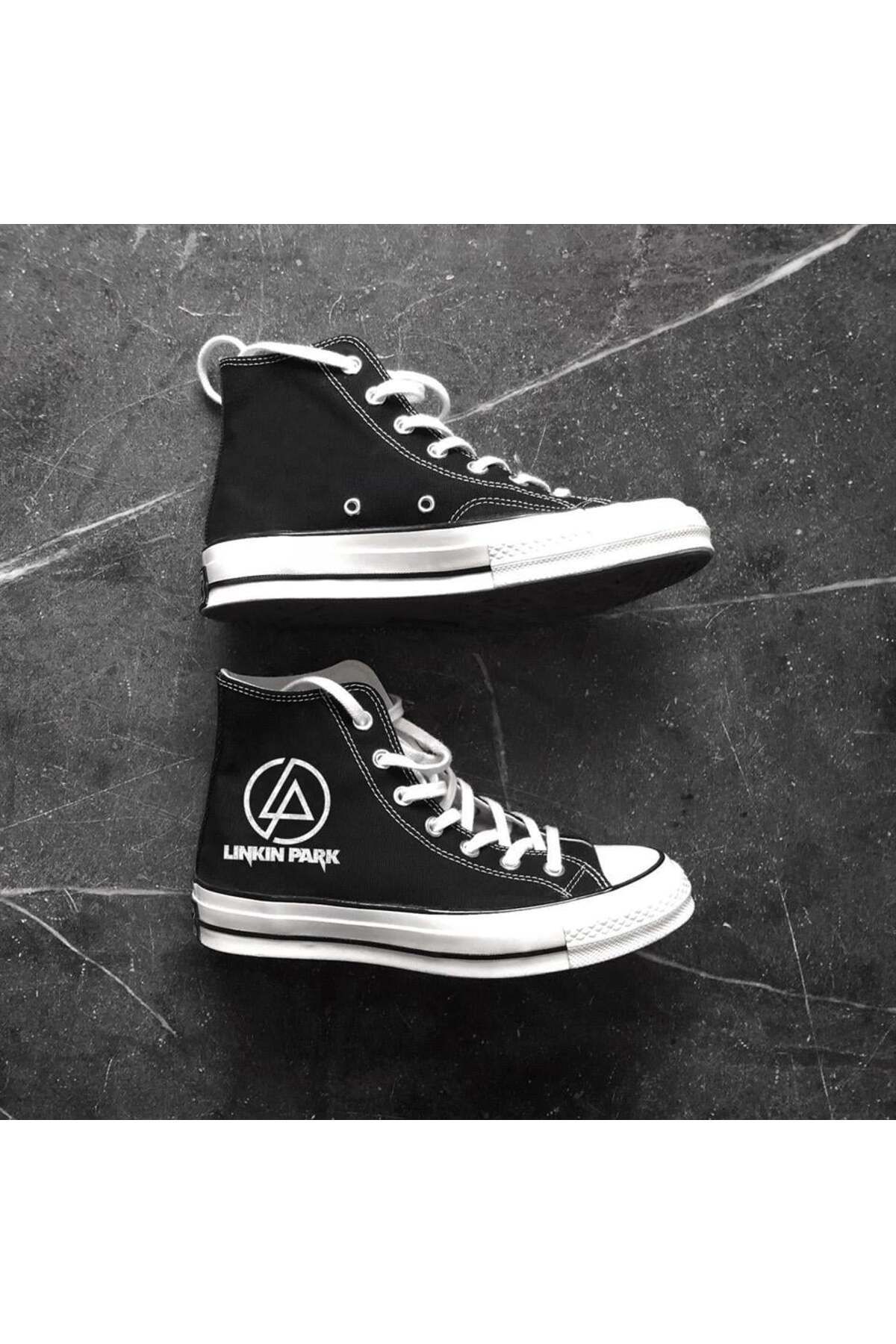 Toum-OnlyMoon Rock Series - Linkin Park Patterned Black Canvas Shoes 2