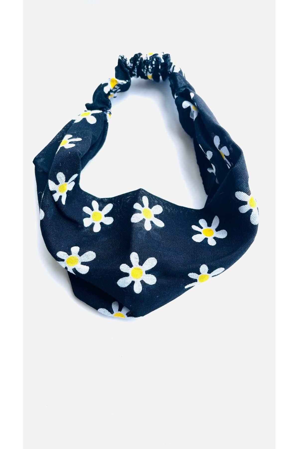 BERG-Bandana de păr cu model de margarete negru - galben 1