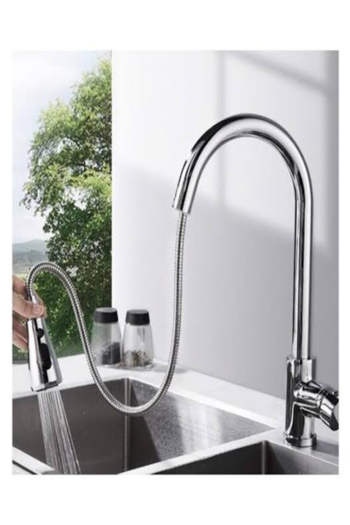 EraycanYapıMarket Spiral Uzayan Hortumlu Aç Kapa Krom Mutfak Eviye Bataryası