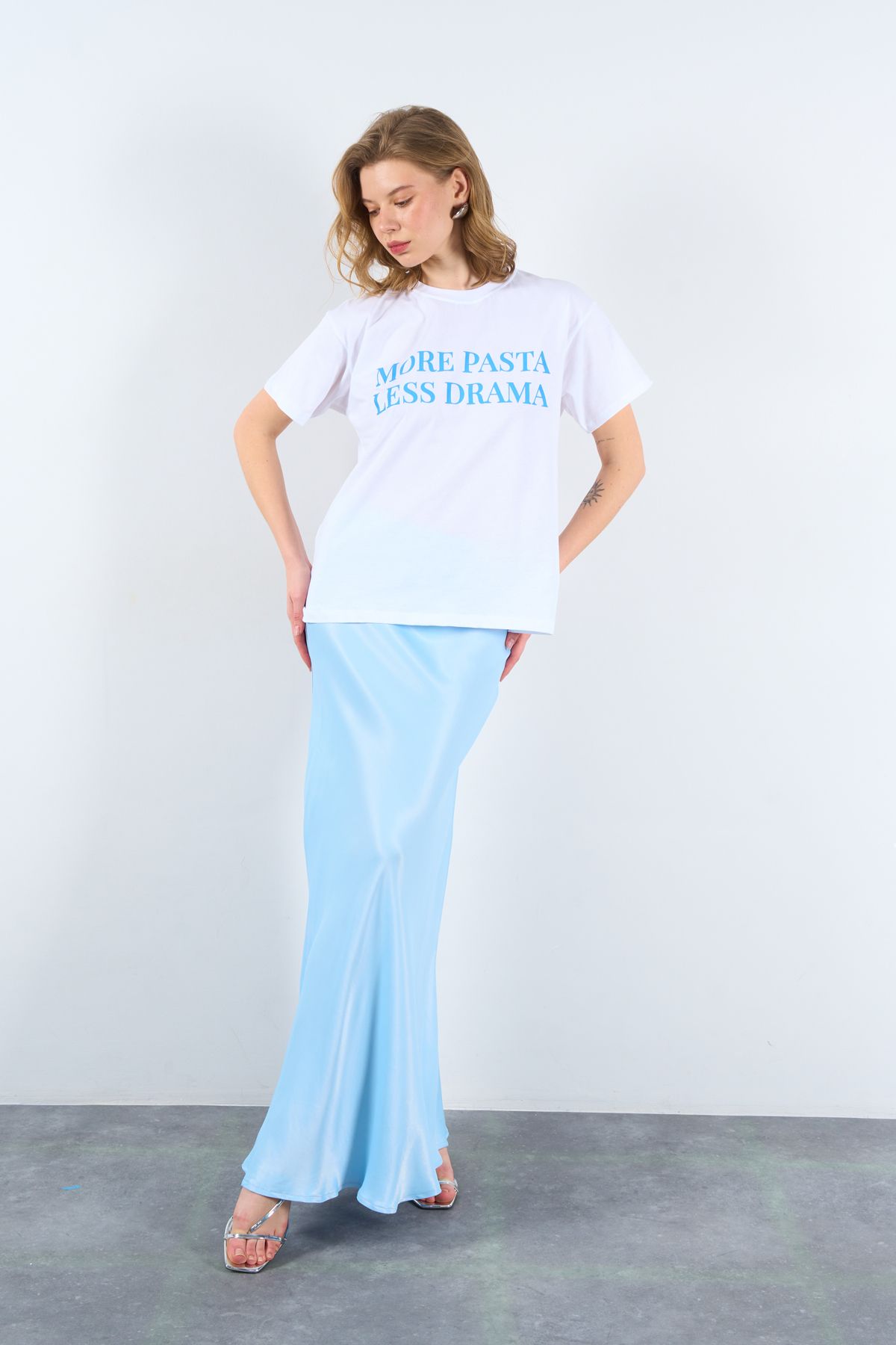 LOOSH-Crew Neck Blue More Pasta Less Drama Written T-shirt 4