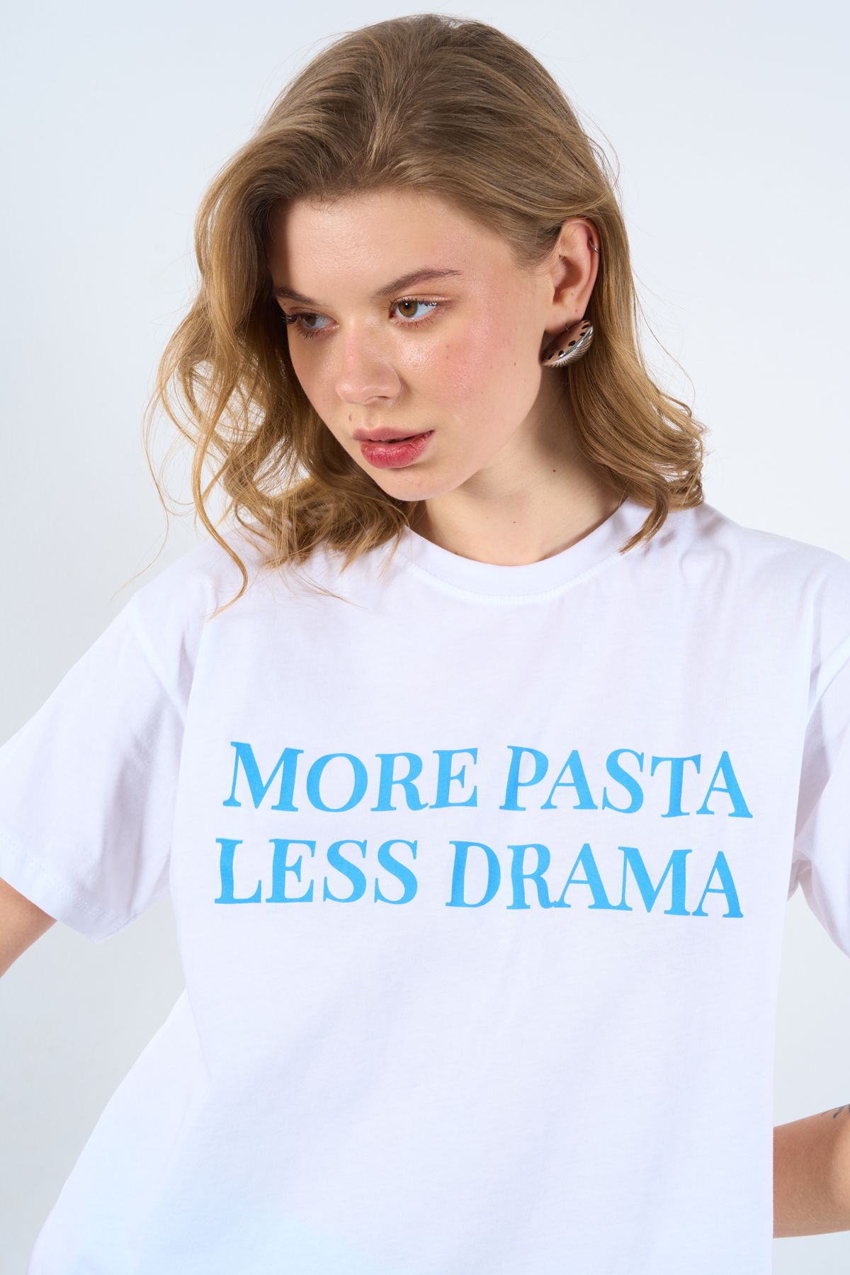 LOOSH-Crew Neck Blue More Pasta Less Drama Written T-shirt 3