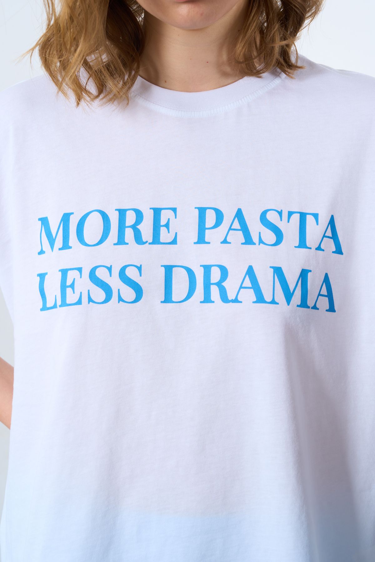LOOSH-Crew Neck Blue More Pasta Less Drama Written T-shirt 5