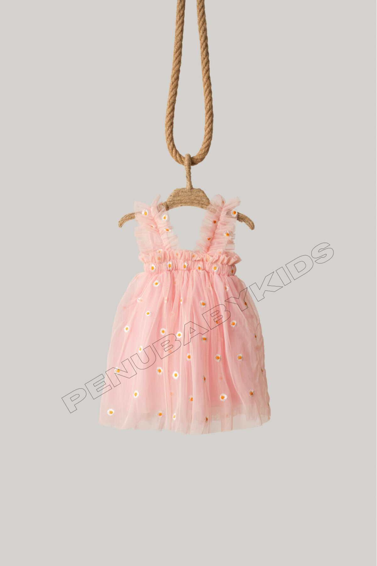 penu baby kids Pembe Renkli Nakış Papatya Işlemeli Askılı Kız Bebek & Kız Çocuk Elbise - Elisa fotoğrafı 6 (önizleme)