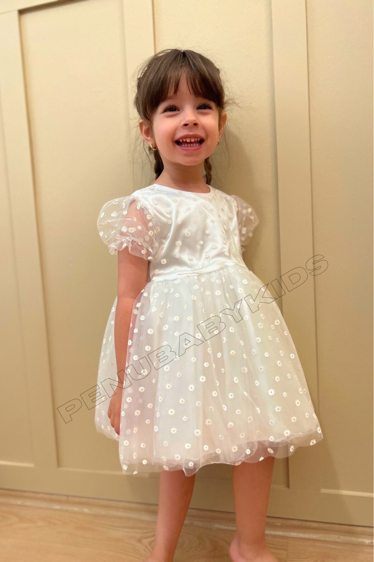 penu baby kids Beyaz Çiçek Detaylı Kısa Kol Kız Bebek Elbise