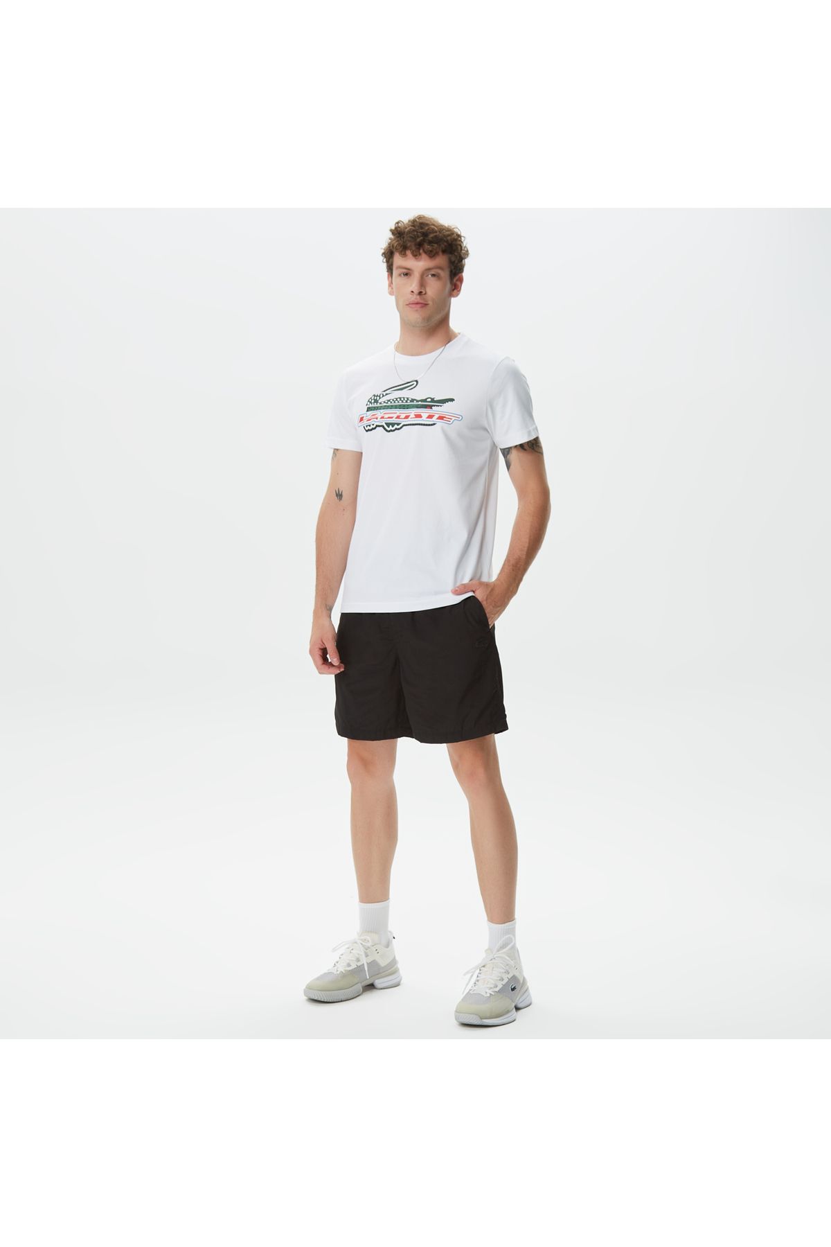 Lacoste ورزش مردان به طور منظم و مناسب پنبه ارگانیک چاپ شده تی شرت سفید
