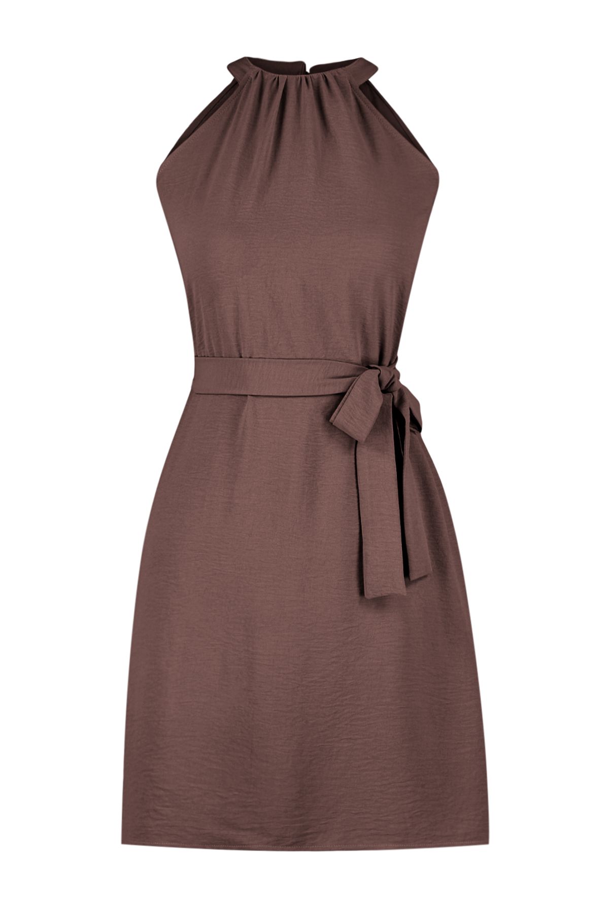 Trendyol Collection Brown Belted Plain Fit Halter Neck Aerobin Woven Mini Dress TWOSS24EL00710 Trendyol