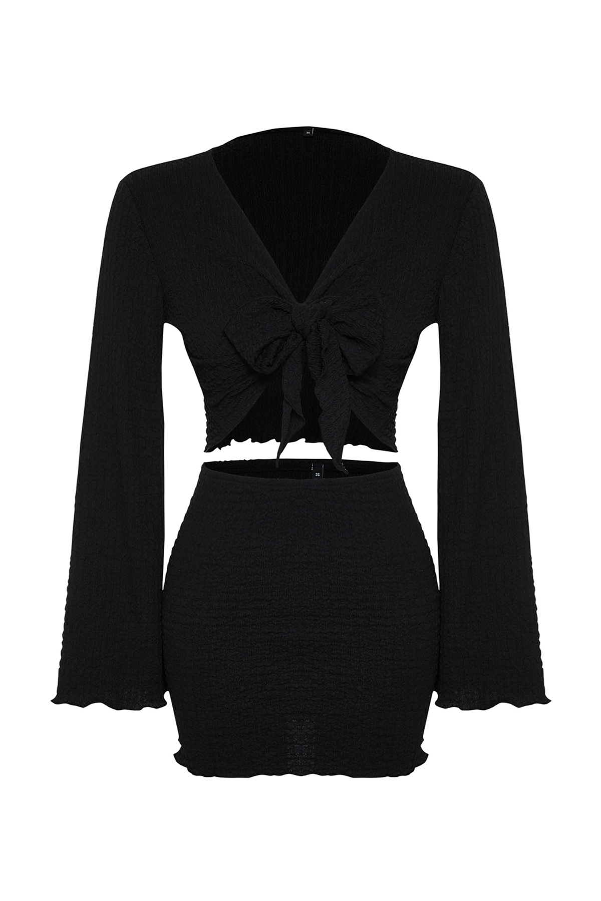 Trendyolmilla  Siyah Bağlamalı Dokulu Bluz Etek Plaj Takım TBESS24AU00035 - Görsel 8