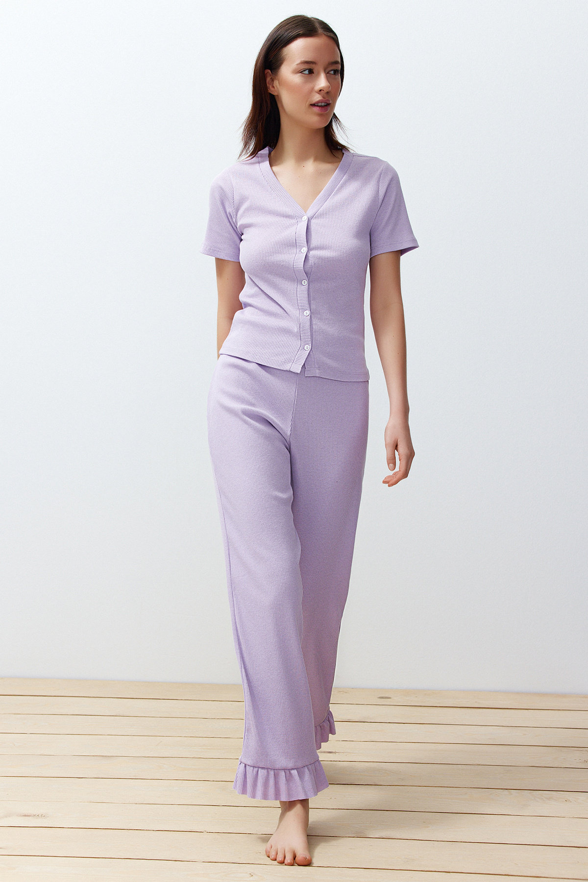 Trendyol Collection Lilac Frill részletes vezetékes kötött pizsama szett THMSS24PT00209